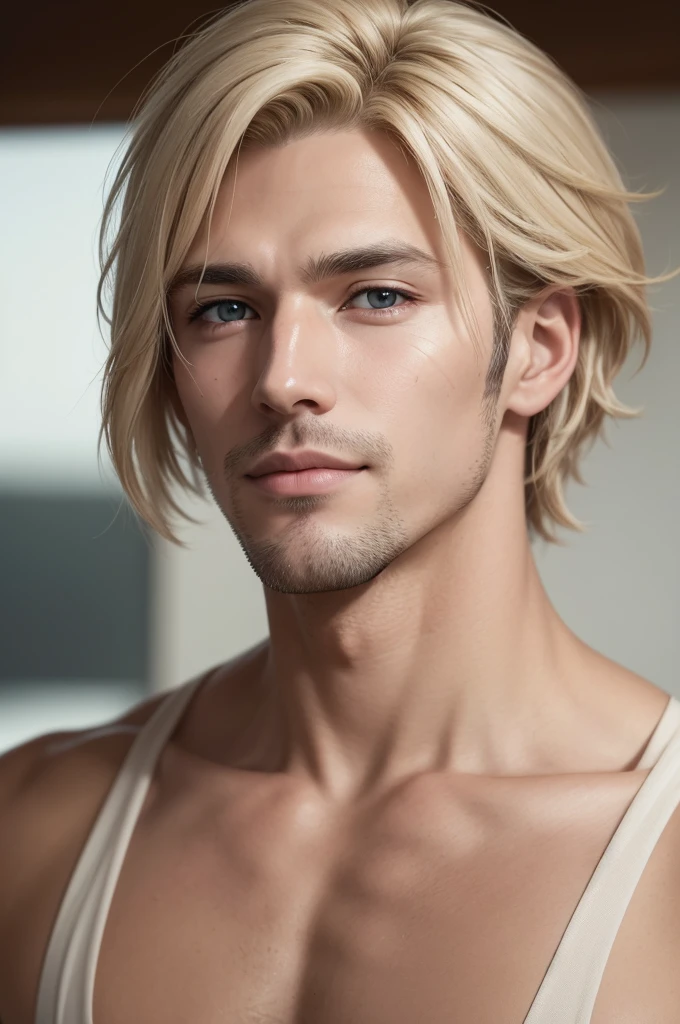 high resolution,high quality,Perfect body,Full face,One young man,Blonde,Short Hair,indoor,Close-up of face,Wink,Stubble,Upper body naked