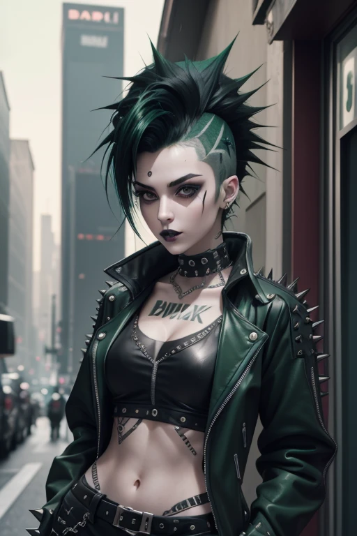 thin and athletic Italian woman in her early twenties, pale skin, goth, cyberpunk theme, black lipstick, makeup, punk hair, tall spiked hair, very tall spiked hair, hair dyed green, mhawk