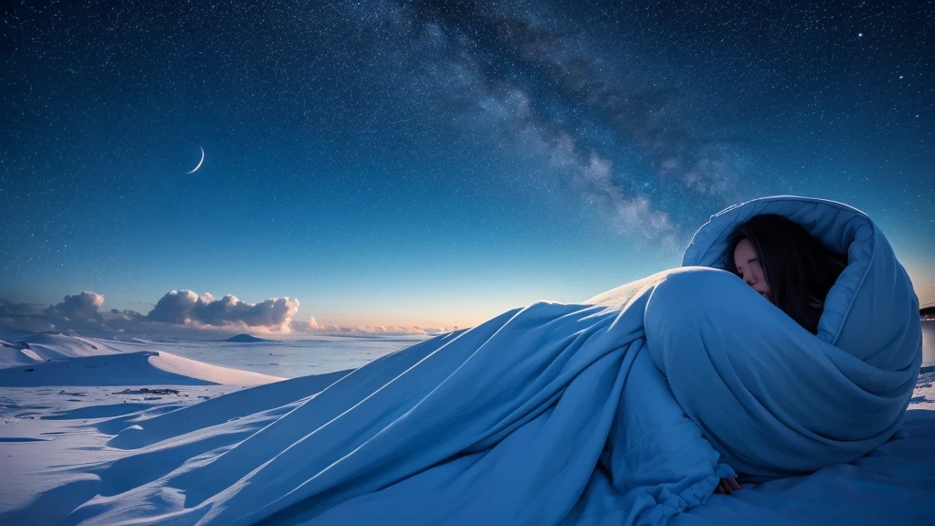 A soothing moonlit night with soft clouds and stars, a calming blue palette, with a gentle silhouette of a person sleeping under a blanket.
"No harsh lines, bright colors, or busy backgrounds."