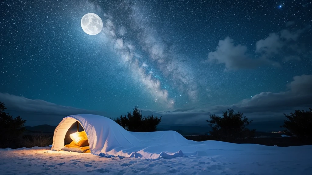 A soothing moonlit night with soft clouds and stars, a calming blue palette, with a gentle silhouette of a person sleeping under a blanket.
"No harsh lines, bright colors, or busy backgrounds."