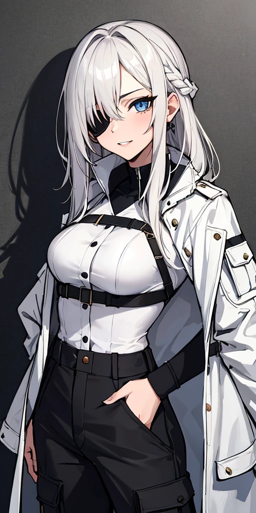 white color hair，Purple eye，Long hair，one girls，white long coat，Black super shorts，adolable，full bodyesbian，16-year-old girl，Cheerful and lively，C cup