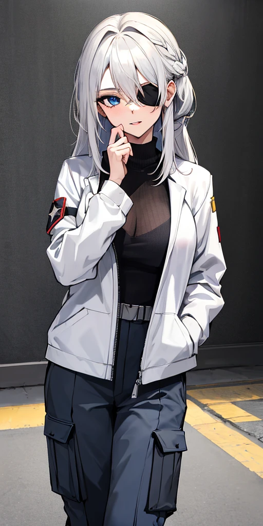 (absurdres, 8k, 4k, masterpiece, hyper extreme detailed:1.2), solo, 1girl, portrait, best quality, expressive eyes, perfect face, portrait, looking at viewer, solo, standing, casual wear, toned, white haired, eye patch, braided hair, long hair, medium breasts, scars, blue eyes, very long hair, military, cargo pants, white jacket,
