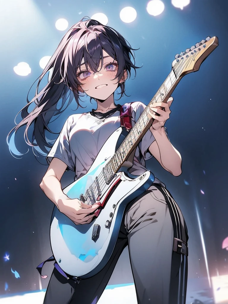 Beautiful young man, pink hair, red and purple Eyes, Elegant but disheveled formal attire, Sitting on the floor, Hug your knees, Smile even though you shed tears, sparkling broken heart pendant, powder々A dim room with a shattered mirror, An overhead view of scattered petals, Tears like subtle raindrops and a soft glow around the character.