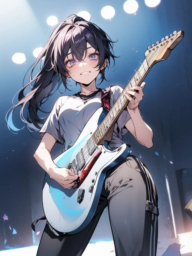 Beautiful young man, pink hair, red and purple Eyes, Elegant but disheveled formal attire, Sitting on the floor, Hug your knees, Smile even though you shed tears, sparkling broken heart pendant, powder々A dim room with a shattered mirror, An overhead view of scattered petals, Tears like subtle raindrops and a soft glow around the character.
