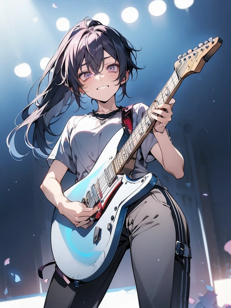 Beautiful young man, pink hair, red and purple Eyes, Elegant but disheveled formal attire, Sitting on the floor, Hug your knees, Smile even though you shed tears, sparkling broken heart pendant, powder々A dim room with a shattered mirror, An overhead view of scattered petals, Tears like subtle raindrops and a soft glow around the character.