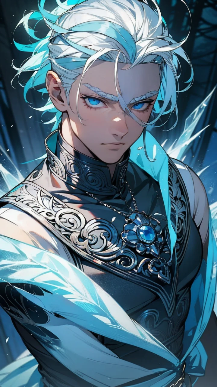 naughty man;
brawny;
ice prince;
Wear a white blindfold over your left eye;
There&#39;s a white stick in your hand;
White hair with blue;
blue eye;
Wear sleeveless clothing;
Cabelos longos 


A venda tampa o olho esquerdo.