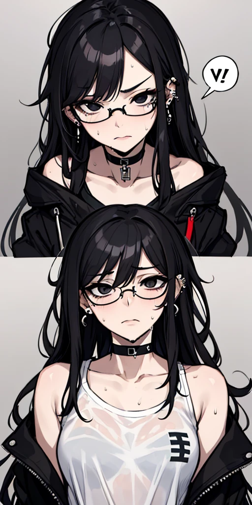 (masterpiece), best quality, expressive eyes, highres, anatomically correct, 1girl, perfect face, perfect hands, female, pale, glasses, messy hair, black hair, very long hair, black eyes, glasses, weak, tired, small breasts, graphic t-shirt, gothic, emo, goth, exposed left shoulder, piercings, ear piercings, lip piercings, fatigue, eye-bags, sore, blank eyes, expressionless, weak, crazy face, crazy eyes, swept bangs, choker, standing, freaked out, shocked, nervous, stressed, sweating, black hair, black eyes, wet shirt, black jacket,