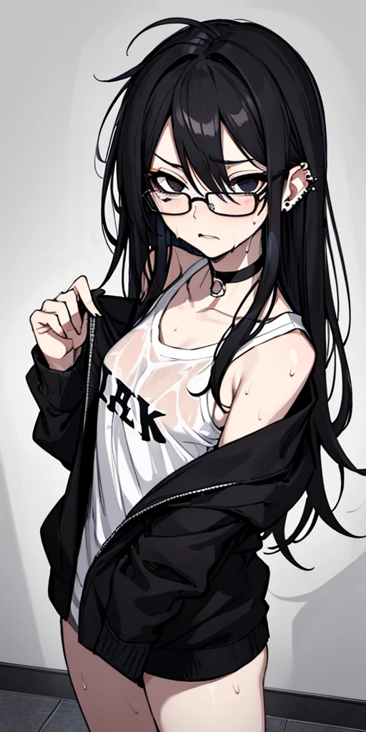 (masterpiece), best quality, expressive eyes, highres, anatomically correct, 1girl, perfect face, perfect hands, female, pale, glasses, messy hair, black hair, very long hair, black eyes, glasses, weak, tired, small breasts, graphic t-shirt, gothic, emo, goth, exposed left shoulder, piercings, ear piercings, lip piercings, fatigue, eye-bags, sore, blank eyes, expressionless, weak, crazy face, crazy eyes, swept bangs, choker, standing, freaked out, shocked, nervous, stressed, sweating, black hair, black eyes, wet shirt, black jacket,