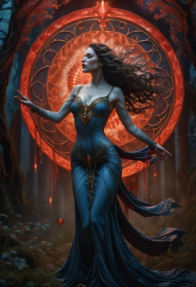 best quality,4k,8k,highres,masterpiece:1.2,ultra-detailed,realistic:1.37,HDR,UHD,studio lighting,ultra-fine painting,sharp focus,physically-based rendering,extreme detail description,professional,art nouveau,tarot card style, dark fantasy, dramatic lighting, full body shot, from the back, facing away, wide angle, back view,dynamic angle,dynamic pose, joy expression, deep shadows, a vampiric goddess, extremely detailed skin, perfect wavy hair, (A vampire goddess, she is using her supernatural powers to psychically manipulate blood, making the blood float around her), hemokinesis, (there are lots of blood strings floating around the environment), she is wearing a very intricate biological exoskeleton, (the goddess's lower body is vanishing, becoming black mist), the scene unfolds in a dark forest dimly illuminated by a red glow, red energy lines, fractalized,alien flora,(spectacular bioluminescent fungi background), pale blue and olive hues, mystical energy, dramatic lighting, moody atmosphere, cinematic composition, Yoshitaka Amano style,greg rutkowski,cyborg style