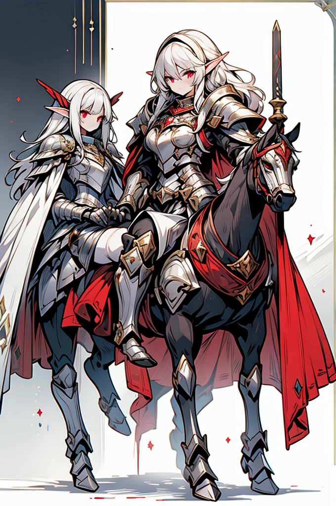 female half elf knight, full body art, silver hair, white skin, red iris eye, knight full plate adorned armor, silver cape, perfectly detailed, mounted on a horse.