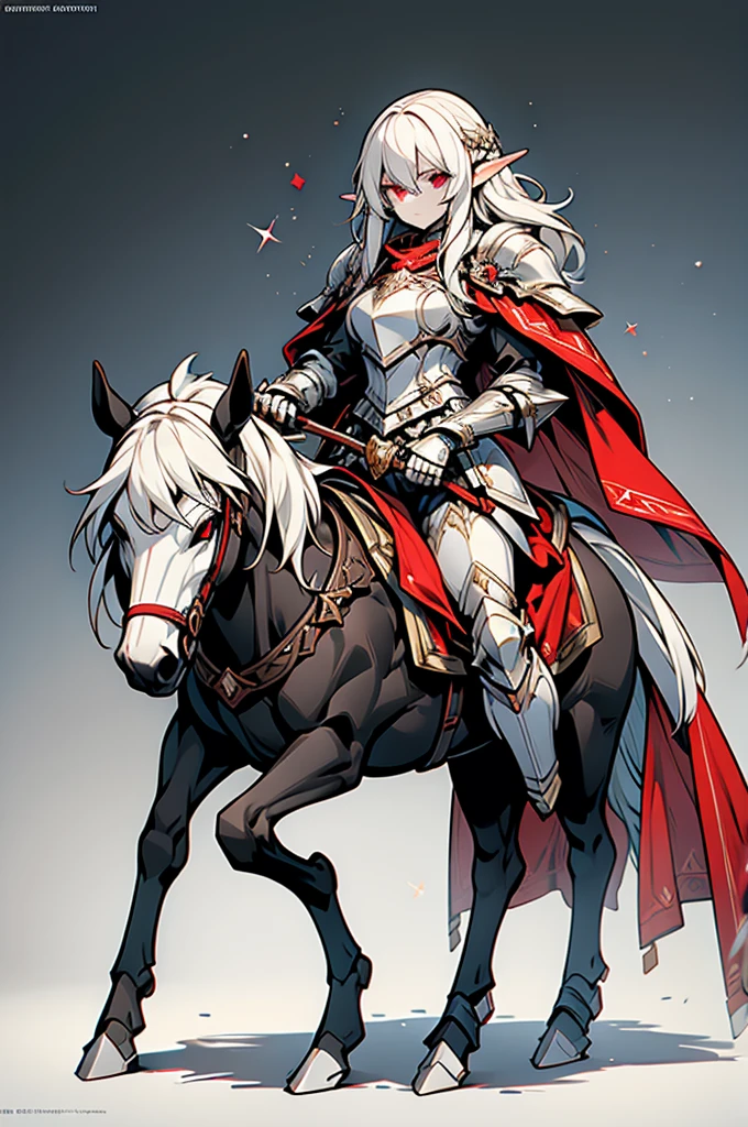 female half elf knight, full body art, silver hair, white skin, red iris eye, knight full plate adorned armor, silver cape, perfectly detailed, mounted on a horse.