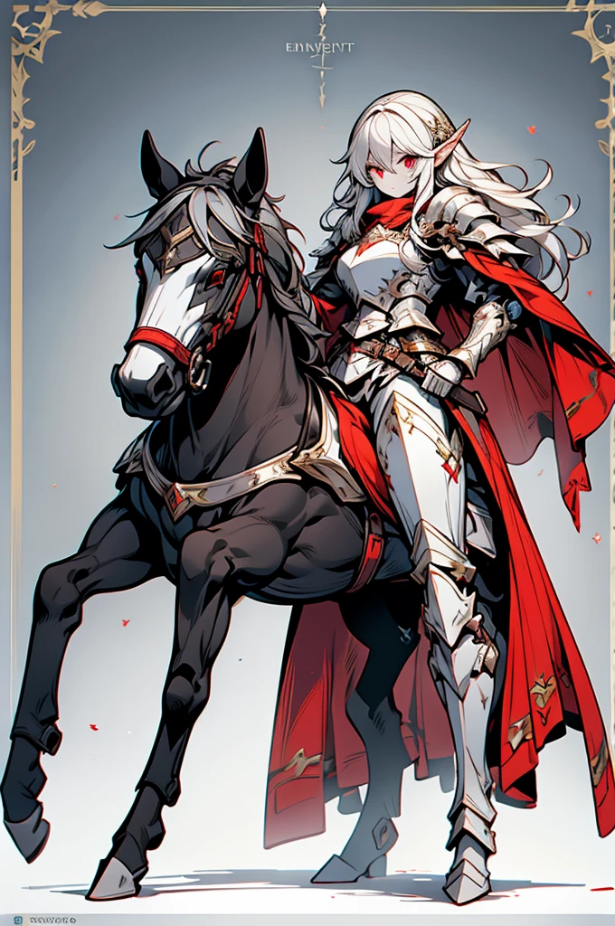 female half elf knight, full body art, silver hair, white skin, red iris eye, knight full plate adorned armor, silver cape, perfectly detailed, mounted on a horse.