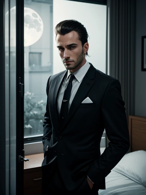 30 years old man, hair combed up, suit and tie, expression neutra, dark bedroom, moonlight coming through the window