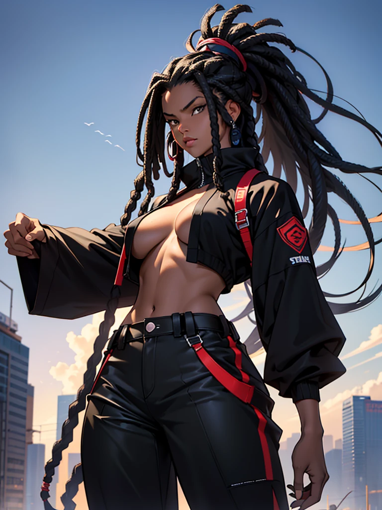 (Masterpiece artwork), A black woman with black hair, skin black, dreadlocks, long hair, loose hair (best qualityer), Ultra resolution, professional art, ultra detaild, perfect lighting, athletic body, big boobies, Bushido outfit, serious, facing the viewer, female focus, black pant, solo