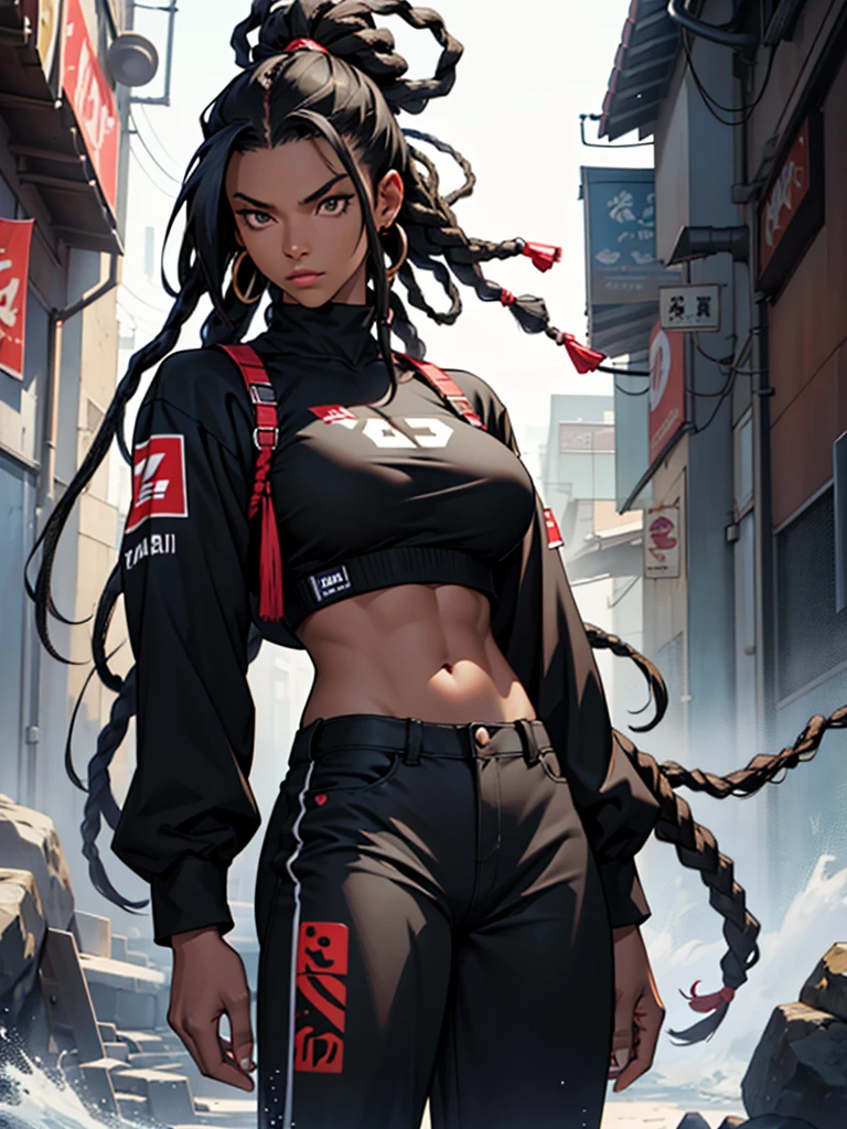 (Masterpiece artwork), A black woman with black hair, skin black, dreadlocks, long hair, loose hair (best qualityer), Ultra resolution, professional art, ultra detaild, perfect lighting, athletic body, big boobies, Bushido outfit, serious, facing the viewer, female focus, black pant, solo