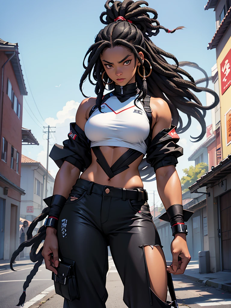 obra de arte, melhor qualidade, 1 garota, PARA MARINHEIROS, chifres de cabelo, cabelo multicolorido, franja,sadistic smile, olhar sedutor,sexy,, roupas, Roupa, pants, mangas compridas, tiras azuis,juri han