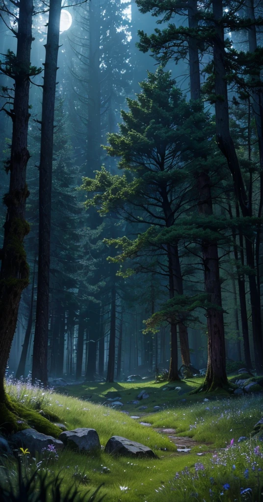 a comforting moonlit meadow in a lush forest at night, dark colors, peaceful atmosphere, moonlight, night sky, stars, ancient trees, mossy rocks, long grass, wildflowers, (best quality,4k,8k,highres,masterpiece:1.2),ultra-detailed,(realistic,photorealistic,photo-realistic:1.37),landscape,fantasy,dramatic lighting,moody,cinematic