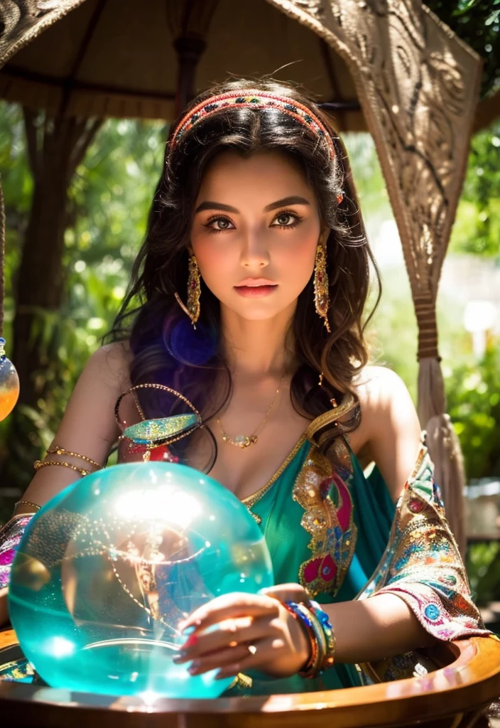 Beautiful gypsy woman tarot card fortune teller、Looking at me through a crystal ball。