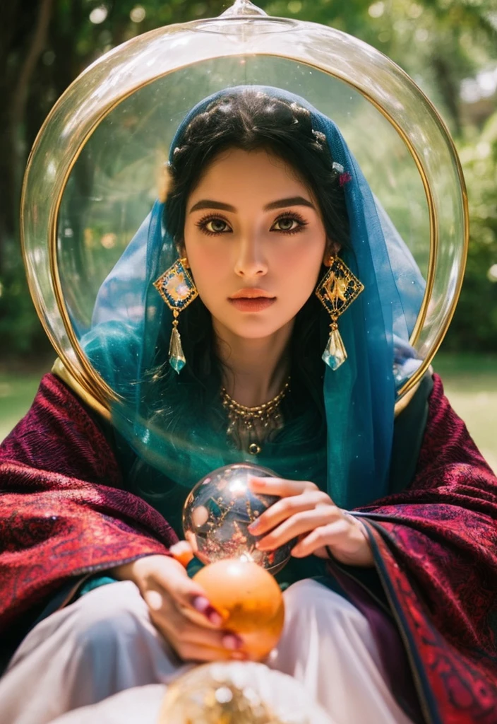 Beautiful gypsy woman tarot card fortune teller、Looking at me through a crystal ball。
