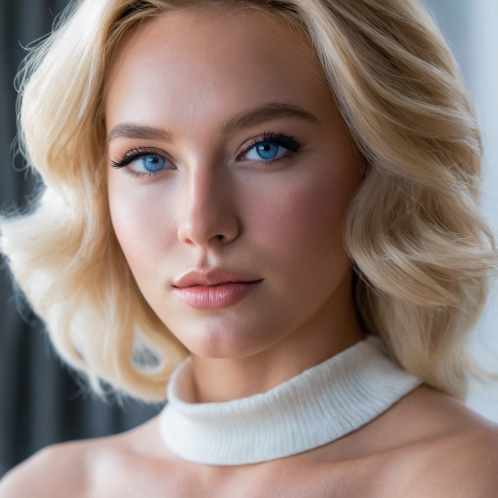 A close-up shot frames the stunning blonde's face, her puffy blue-iris eyes gleaming as she flaunts her bare shoulders beneath an oversized white half-sweater top. Modern and cinematic lighting accentuates her elegant features, with side lighting casting a flattering glow on her complexion. The professional photography captures her flirty and sexy demeanor, inviting the viewer in.