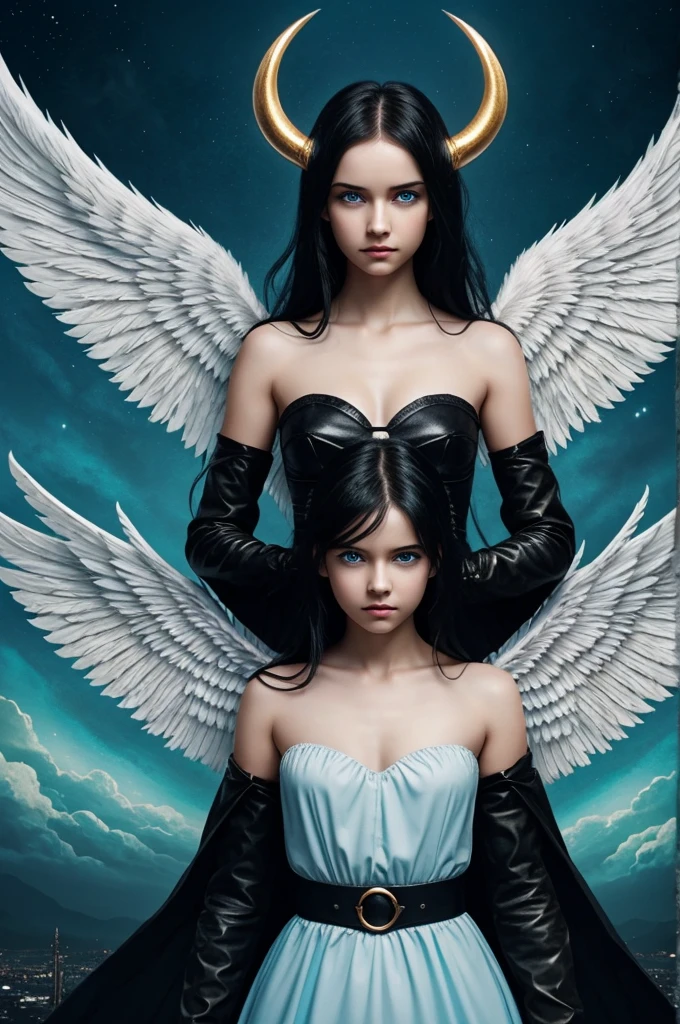 Sexy angel, hyperrealistic masterpiece, epic, bright blue eyes, long hair, wide wings