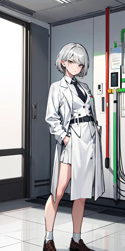 (absurdres, 8k, 4k, masterpiece, hyper extreme detailed:1.2), solo, 1girl, side view, perfect face, 1girl, portrait, looking at viewer, solo, standing, Female, Mature Female, short hair, white hair, white skirt, button shirt, white vest, gray tie, tired, fatigue, annoyed, dissatisfied, arms in front, holding phone in right hand, left hand on hip, bored, science, smart, genius, intelligent, scientist, lab_coat, white labcoat, swept bangs, bored, frown, gray eyes, silver eyes, looking down, lab background, room background, best anatomy, standing, half body, closed inner jacket, White Skirt,
