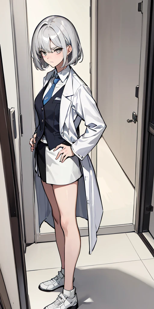 A highly detailed drawing of a woman in a doctor’s uniform. She is wearing a white doctor's coat, a high-neck sweater, a stethoscope around her neck, a short black skirt, fishnet stockings, and high heels. The woman is 30 years old with a curvaceous body, exaggerated proportions with large hips and bust, a very narrow waist, and long legs. She is standing in a hospital consultation room. The lighting should highlight the details of her attire and the setting, creating a professional yet dramatic look.