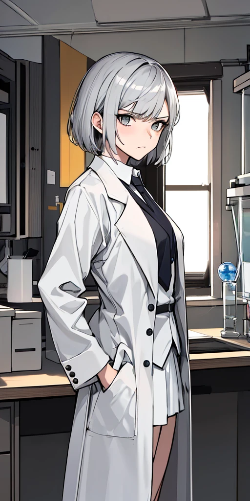 (absurdres, 8k, 4k, masterpiece, hyper extreme detailed:1.2), solo, 1girl, side view, perfect face, 1girl, portrait, looking at viewer, solo, standing, Female, Mature Female, short hair, white hair, white skirt, button shirt, white vest, gray tie, tired, fatigue, annoyed, dissatisfied, arms in front, holding phone in right hand, left hand on hip, bored, science, smart, genius, intelligent, scientist, lab_coat, white labcoat, swept bangs, bored, frown, gray eyes, silver eyes, looking down, lab background, room background, best anatomy, standing, half body, closed inner jacket, White Skirt,
