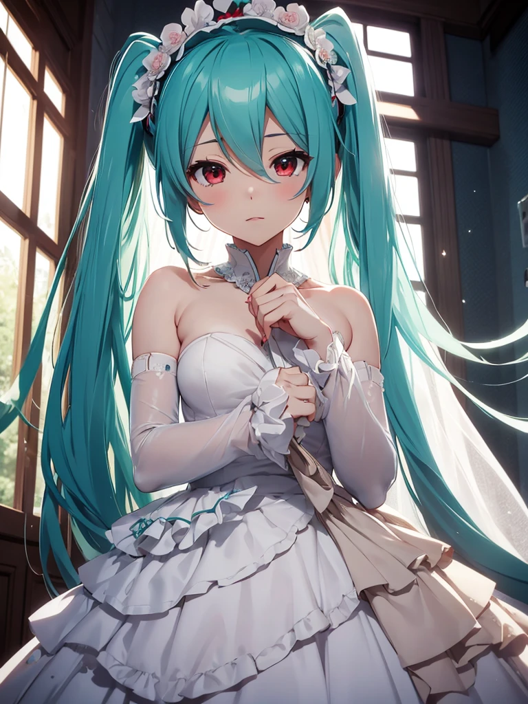 hatsune miku, wake up, wedding dress, red eyes