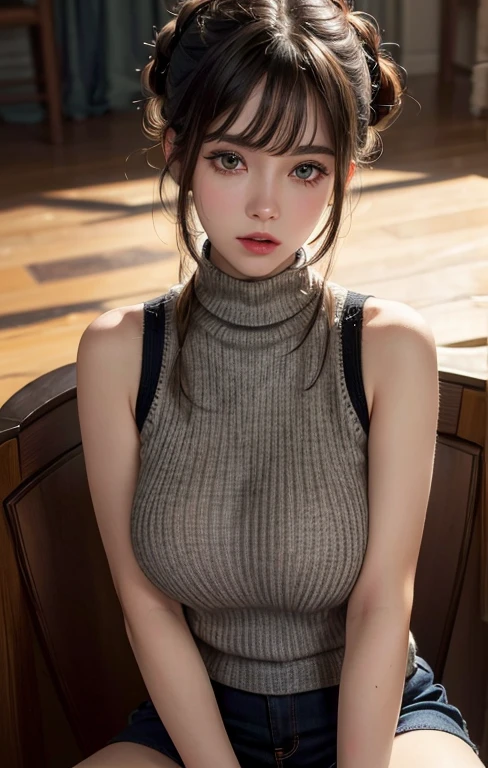 ( masterpiece, precise, Anatomically_correct, Texture_skin, excellent_detail, the best_quality, 1080P, HD, 4K, 8K, 16K), (beautiful_detailed_Eyes, beautiful_detailed_Lips, extremely_detailed_Eyes_and_Face), Soft_light, Physically based_Rendering, vivid_color, (Large target_breast:1.5), (short hair_thin braids_Bun hairstyle), (shining_hair, shining_skin, Face红), (Bangs:1.5), Eye_reflection, (Bokeh), 微lol_and_lol, (sleeveless_turtleneck sweater_knitting:1.5) ,(sit on the chair,Spread your legs:1.3),sexly