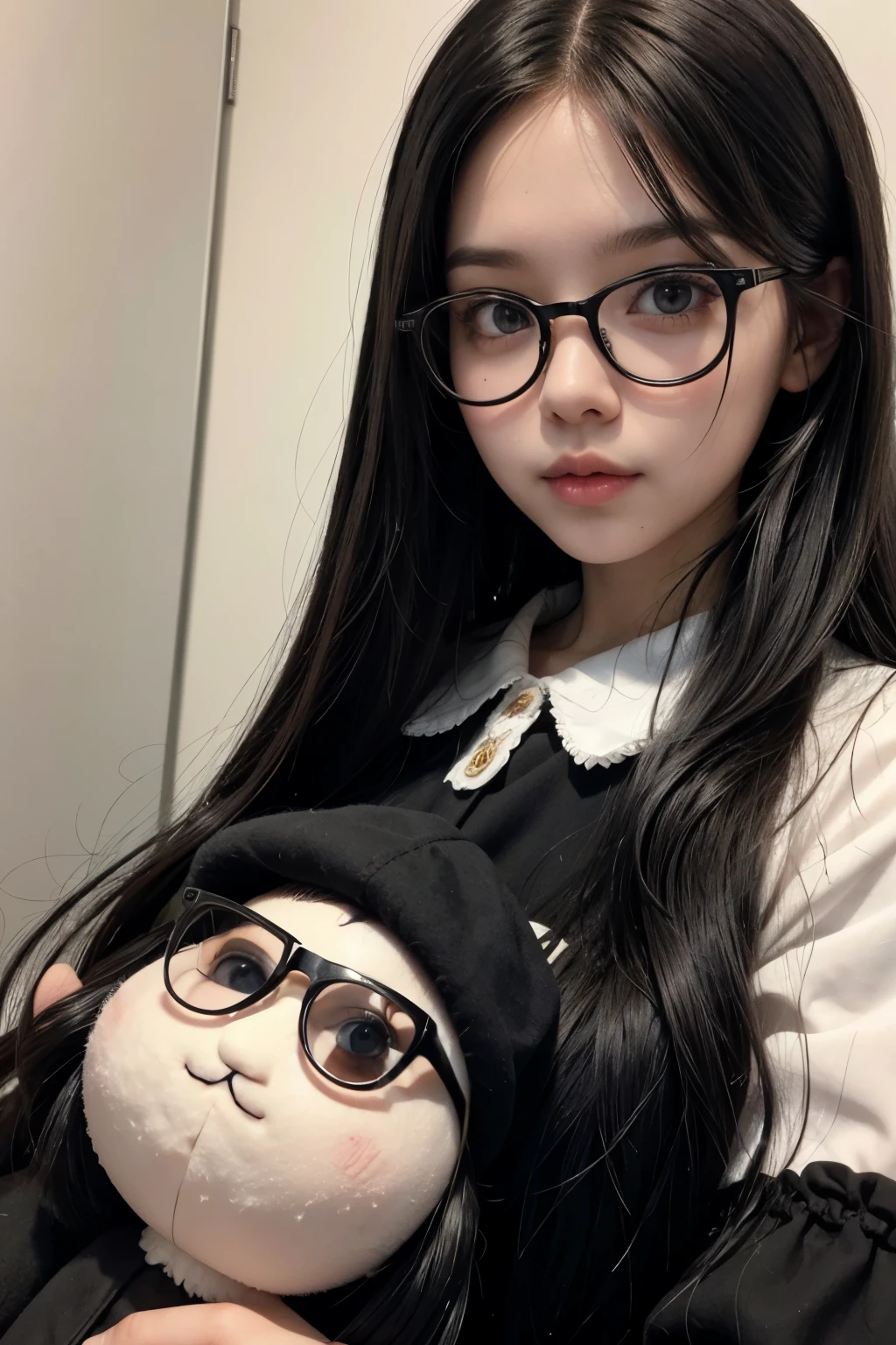 A doll with a white beard and long black hair and round black glasses