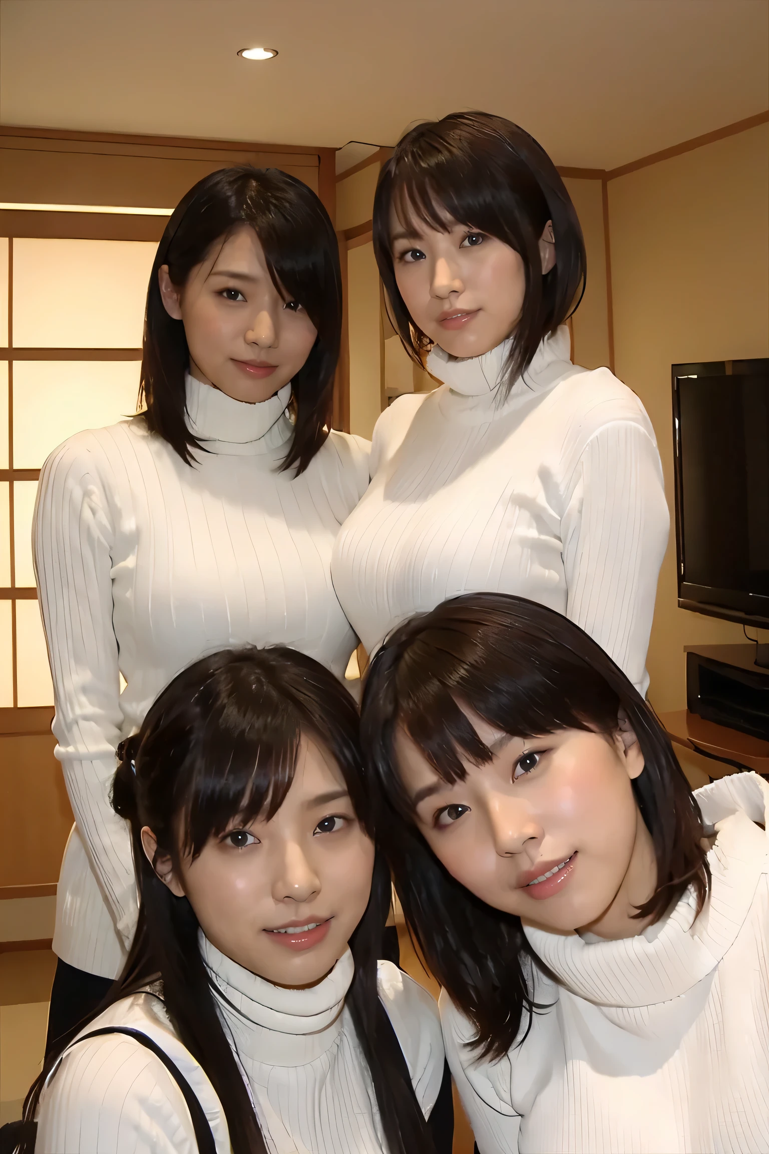 (((Group photo of three Japanese beauties)))、Everyone has a different style and hairstyle, beautiful、Large breasts、Sexual pose、White turtleneck sleeveless knit sweater、living room