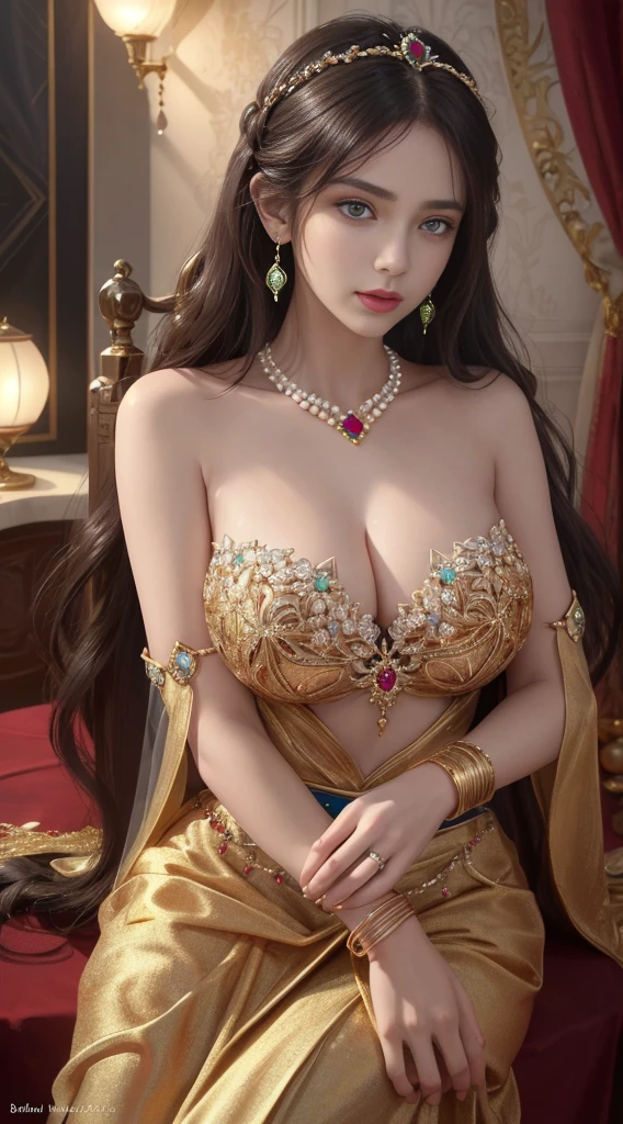 Ultra detailed, realistic, (1girl), full body, (detailed background), [(detailed face): 14], (detailed nose red), (huge chest), daylight detail, (high detail skin: 1.4), pale skin, (dark eye detail: 1.4), (big eyes), high detail, {best quality}, {{masterpiece}, {high detail}, original, very detailed 8K wallpaper, masterpiece, best quality, illustration, fine detail eyes, cinematic lighting, ultra-realistic 8k cg, picture perfect face, flawless, clean, masterpiece, professional artwork, famous artwork, movie lights, movie bloom, perfect face, beautiful face, beautiful eyes, fantasy, dreamy, unreal, sci-fi, huge breasts, beautiful clothes, ridiculously long hair, very long hair, (rich: 1.4), prestige, luxury, jewelry, diamonds, gold, pearls, precious stones, sapphires, rubies, emeralds, intricate details, delicate patterns, charming, seductive, seductive, erotic, enchanting, Hair accessories, necklaces, earrings, bracelets, armbands,