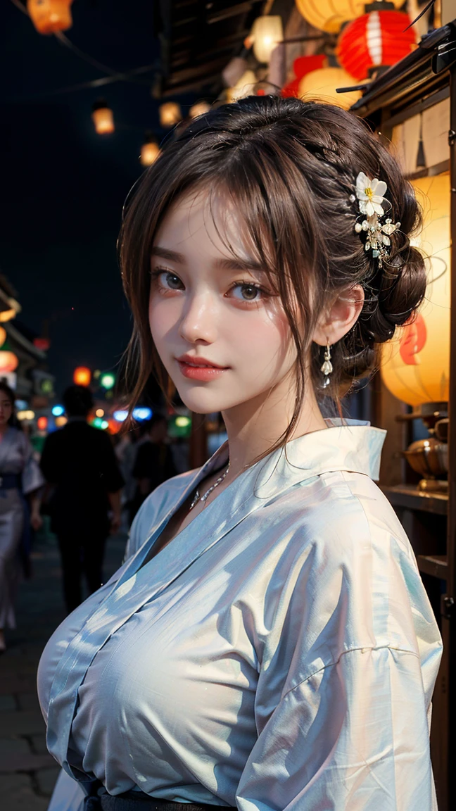 (Masterpiece, BestQuality:1.3), (ultra detailed:1.2), (hyperrealistic:1.3), (RAW photo:1.2),High detail RAW color photo, professional photograph, (Photorealistic:1.4), (realistic:1.4), ,professional lighting, (japanese), beautiful face, (realistic face), cute woman, (Big Breasts:1.5), (Smile:1.7), Trending Hair&Trending Hairカラーをランダムに, earrings, necklace, bracelet, sexly, erotic sexly, Random sexy gravure poses, Walking, (((At the summer festival、Sexy woman in yukata。Updo brown hair、Looking at the camera with a sexy smile。In the background, lanterns and food stalls。:1.2), Beautiful location, (Detailed Background):1.2))