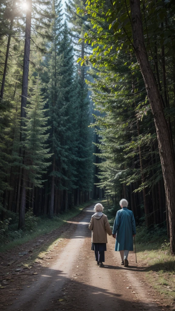 Elderly people looking for something in the dark of a forest