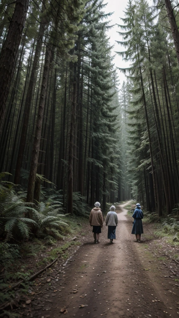 Elderly people looking for something in the dark of a forest