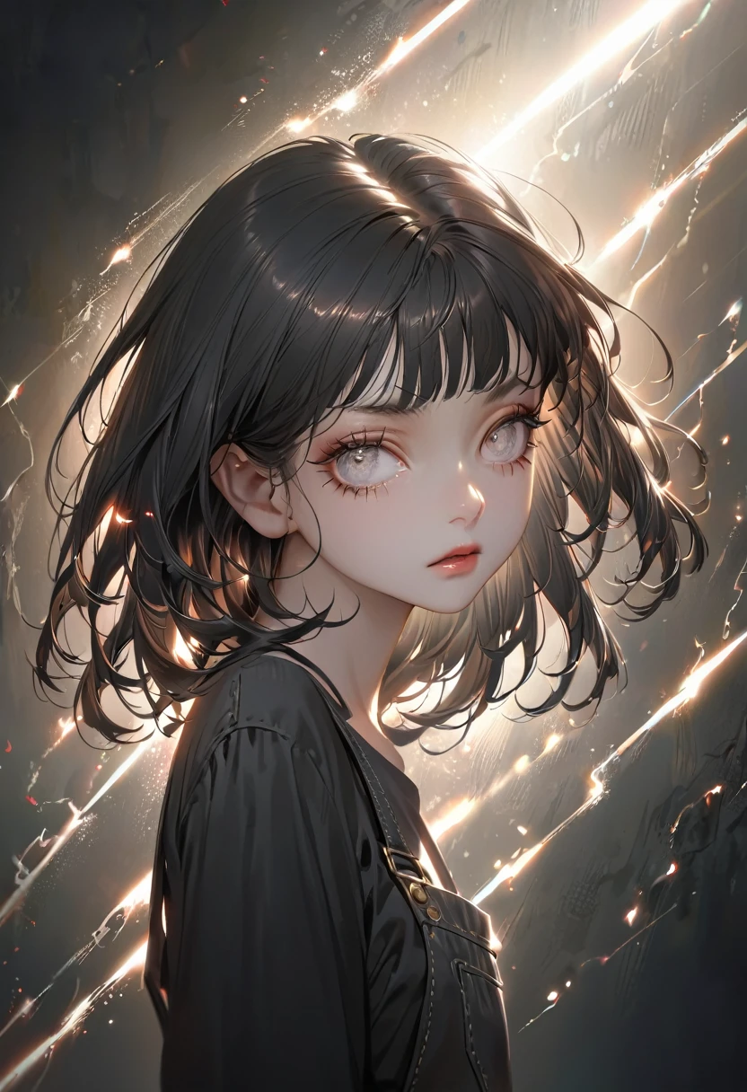 Dilated grey eyes,beautiful girl, Realistic, Long eyelashes, Very short black hair,Heavy bangs,Lighting from the right,Wearing black overalls