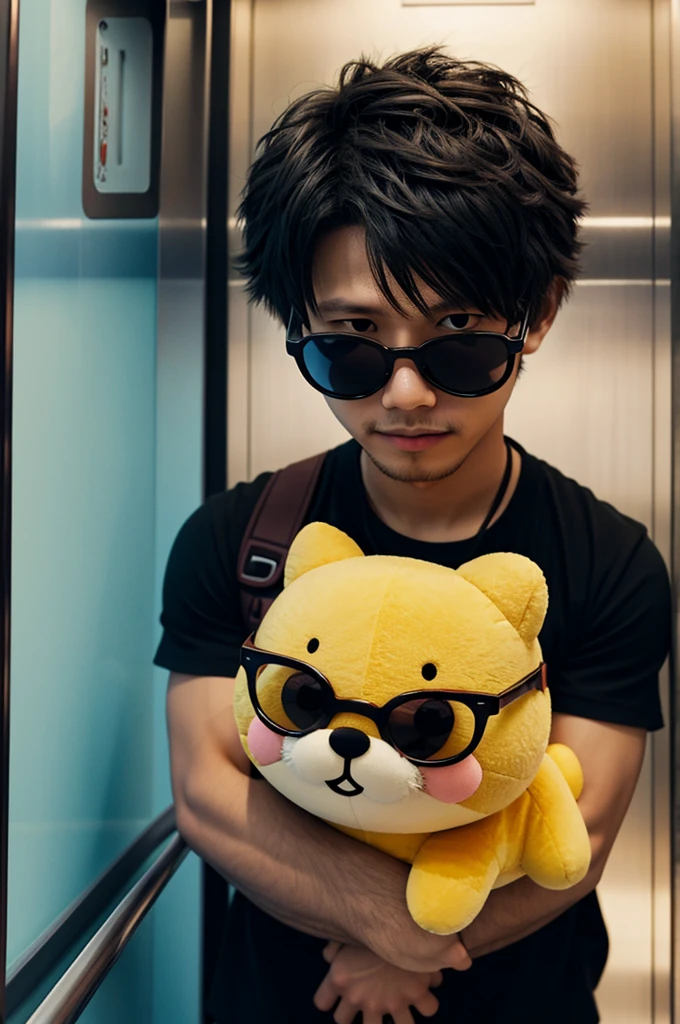 Create Katsuki Bakugou with dark glasses, hugging Pompompurin from Sanrio, In an elevator, while looking forward with effect "fish eye"