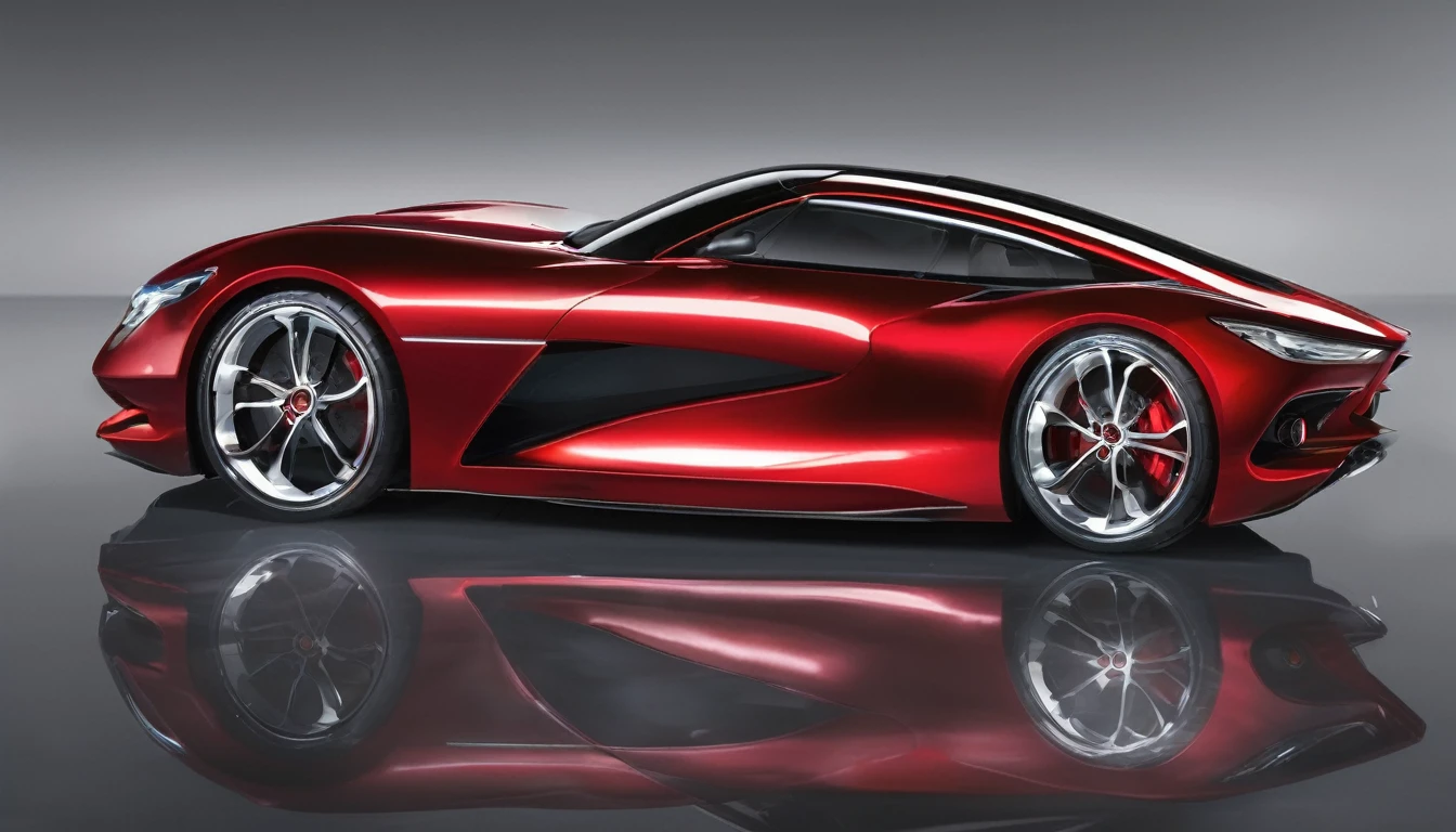 Create a hyper-realistic image of a stunning sports car positioned against a plain white background. The car features an aerodynamic, sleek design with sharp lines and curves, giving it a futuristic and aggressive look. It has a glossy metallic red finish that reflects light beautifully, highlighting the contours of the body. The headlights are LED with a sharp, crisp design, and the taillights are slim and elegant. The wheels are large with low-profile tires and chrome rims, exhibiting intricate details. The car’s windows are slightly tinted, and the interior glimpsed through the glass is luxurious, featuring leather seats and a high-tech dashboard. Ensure the lighting is even and soft, casting subtle shadows that enhance the car’s three-dimensionality without creating any harsh contrasts. The image should capture the essence of speed, luxury, and modern automotive engineering, with every detail rendered perfectly, free from any imperfections
