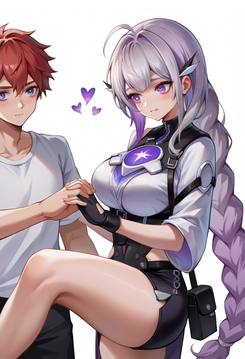 yinji,1 girl and one boy，grabbing breast,purple_hair,purple_Eye,Very_long_hair,grey_hair,Braided_Ponytail,big breast, Red hair boy，Wearing a white shirt，Very handsome red hair boy，With purple hairHolding Hands，girl and boy big kissing big breast ,  girl and boy hugging tightly slope_hair, The background is dreamy