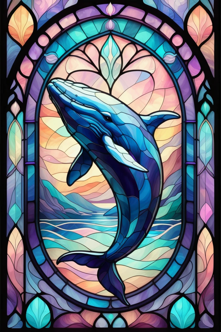 2D Stained Glass soft,pastel colors,whale in window frame. dungeons and dragons art. symmetrical design, in the style of stained glass. Digital stained glass style. pastel color scheme