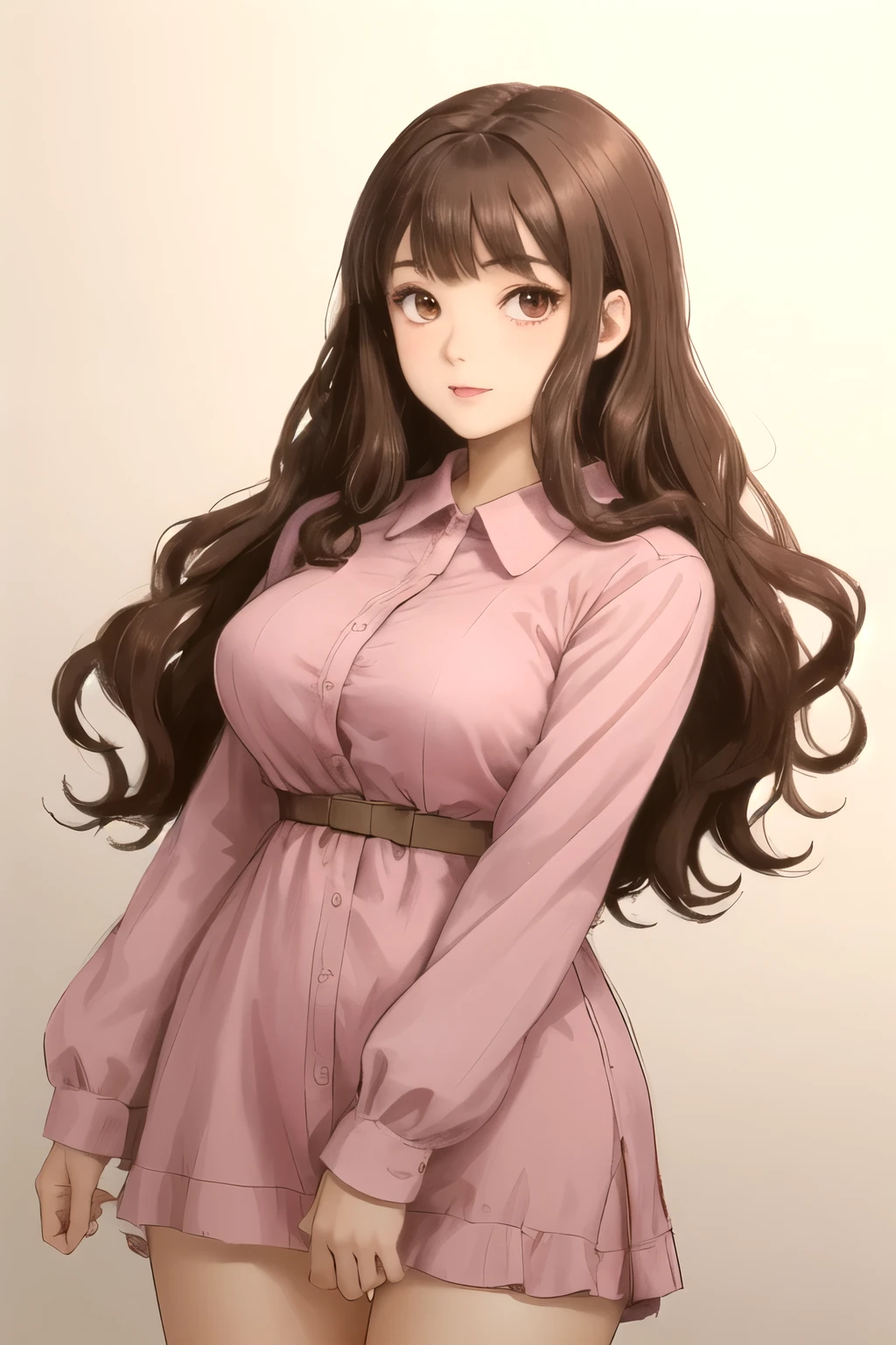 (Highest quality, masterpiece:1.2), sketch full view of a hot looking dark brown skin 29 year old woman standing in front of us. She has brown eyes and short, curly white hair.. She has vampire fangs. She has a beautiful curvaceous figure. She is wearing a plain slim buttoned long sleeve shirt dress. shadow background. sketch. shading. Lighting.She has a tan.