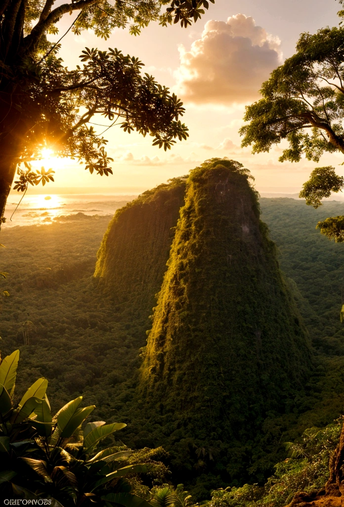 /imagine prompt: Visualize a photograph of nature taken by an expert. The image showcases a breathtaking landscape, with Tropical jungles . The lighting is Golden hour glow