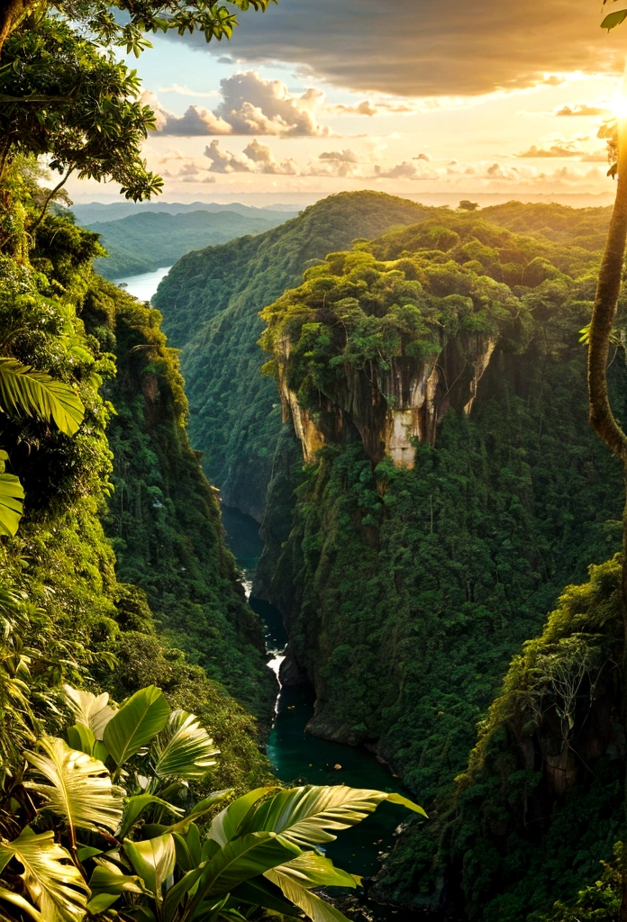 /imagine prompt: Visualize a photograph of nature taken by an expert. The image showcases a breathtaking landscape, with Tropical jungles . The lighting is Golden hour glow