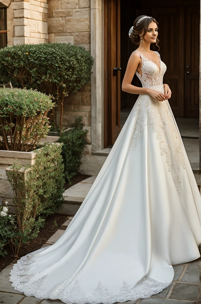 a wedding dress, elegant, with white turkey tail
