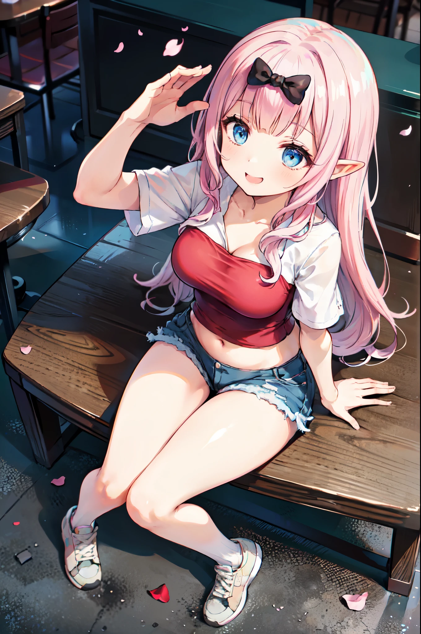 realistic image, detailed image, coherent image, 1 beautiful elf, she has very long hair, she has a black bow in her square bangs, pink hair, light blue eyes, smiling, winking, she is wearing a loose blouse, showing navel, mini jean shorts, sneakers, She has a curvy body, big breasts and thick thighs, She is sitting, sitting sensually, showing her legs, arching her back, surrounded by falling flower petals around, inside a restaurant, full body view, view from above, sunset, twilight, Soft focus, Dramatic shadows, Volumetric lighting, natural lighting,chika fujiwara