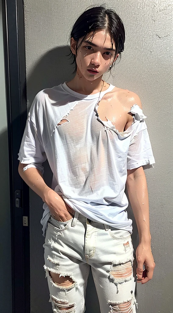 best image quality, masterpiece, super high resolution, (fidelity:1.4), photo, boy, white shirt, torn jeans, white sneakers, dim, darkness, despair, pity, poor, movie, tears, teardrops, (torn clothes:1.5), (wet clothes:1.4), bare shoulders, real rain, wet hair,..