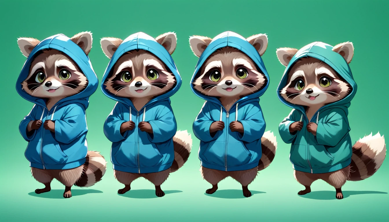 raccoon　Four types of facial close-up images、Warm brown、Japanese animation style、　cute、Standing posture、Bipedal、The fur is fluffy、Background Green Screen、Wearing a large blue hoodie、