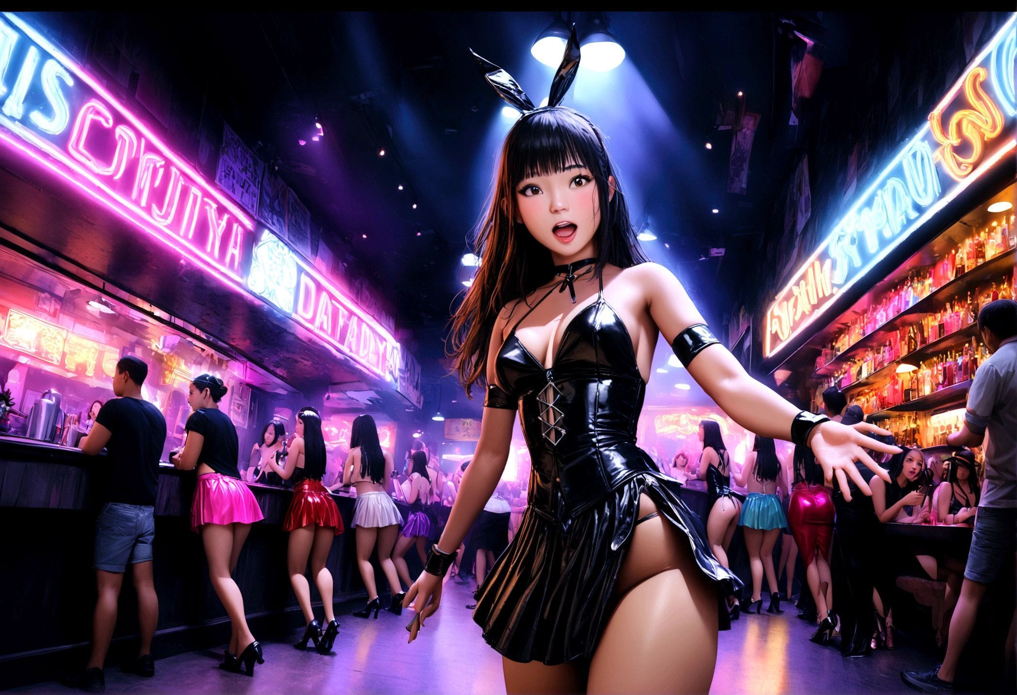 a girl band performing in a Thai ladyboy bar, scandalous sexy outfits, sexy ladyboy waitresses, excited crowd, party hardy, ultra-detailed, photorealistic, 8k, best quality, highly detailed, dramatic lighting, vibrant colors, neon lights, moody atmosphere, dynamic composition, wide angle shot