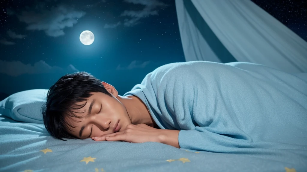 Prompt (Japanese): "Calm moonlit night、Soft clouds and stars、A calming blue palette、Silhouette of a man sleeping under a blanket。"
Negative Prompt (Japanese): "strong lines、Bright colors、No busy background。"
